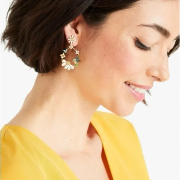 KATE SPADE• Hummingbird Flower Wreath Hoop Drop Earrings - Picture 6 of 8